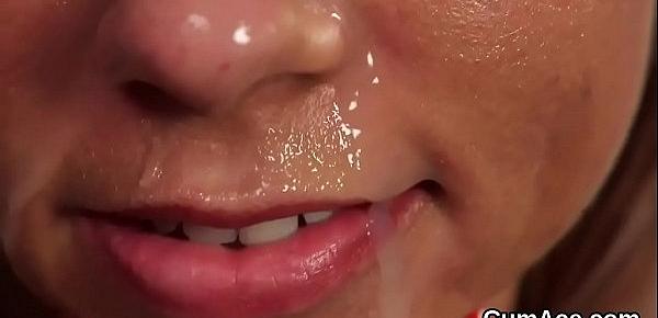 Randy beauty gets cumshot on her face eating all the spunk